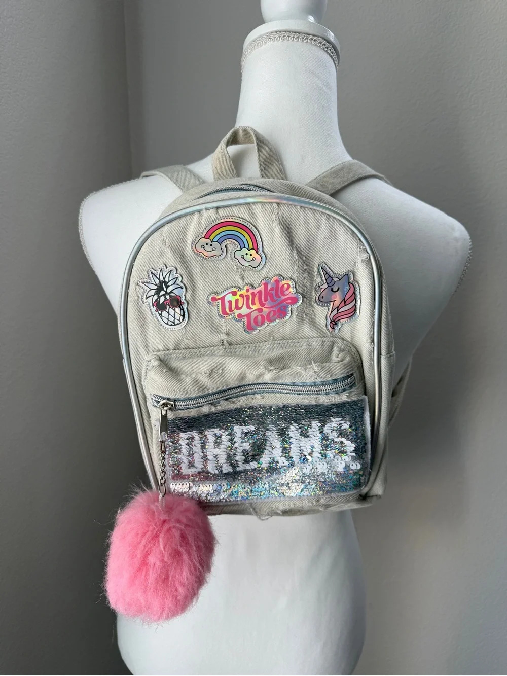 Sketchers Twinkle Toes Unicorn Mini Backpack with Pink Pom Pom and patches